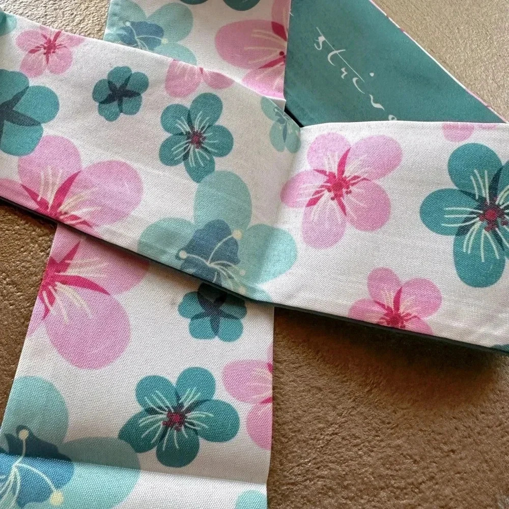 Reversible Pink & Green Cherry Blossom Twilly Narrow Scarf Tie Handbag Hair Bow - Picture 8 of 8